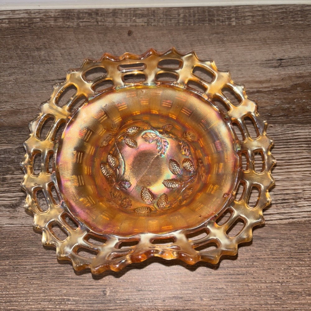 Vintage Fenton Carnival Art Glass Pine Cone Bowl Basket Weave Reticulated Ruffle